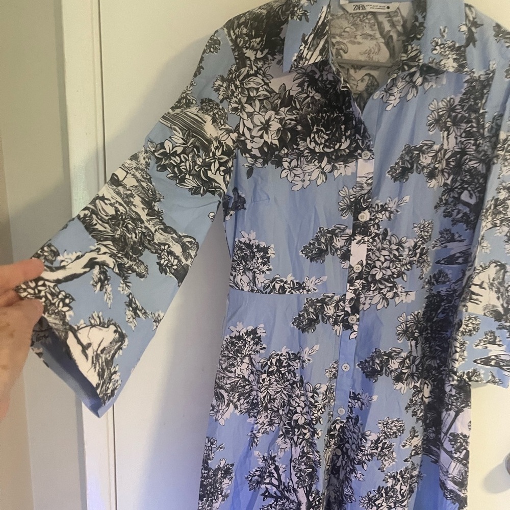 Zara Blue Black Printed Cotton Button Front Midi Dress Medium